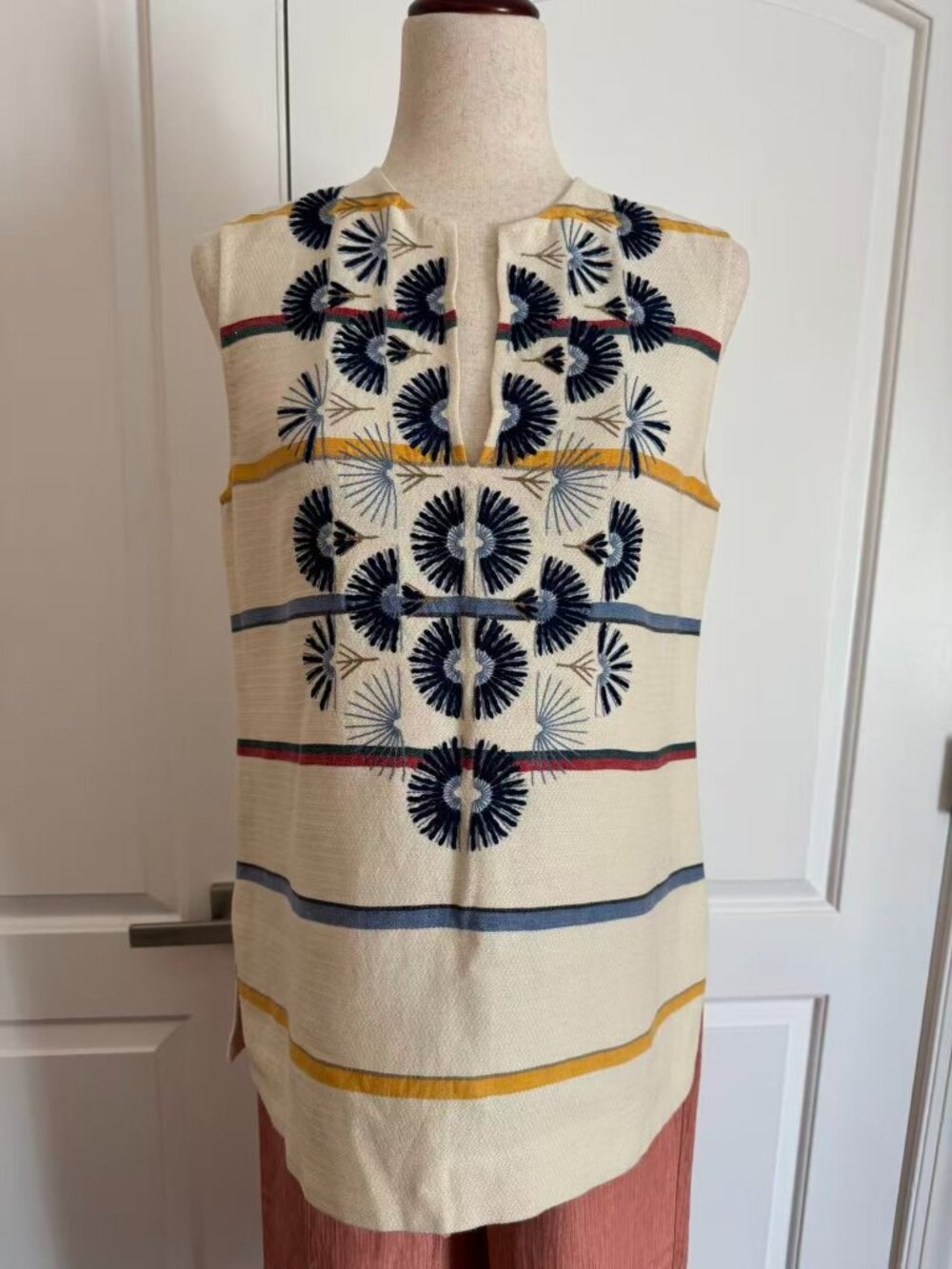 Tory Burch Beige Striped Top with Stitched Floral Detail, Size 4